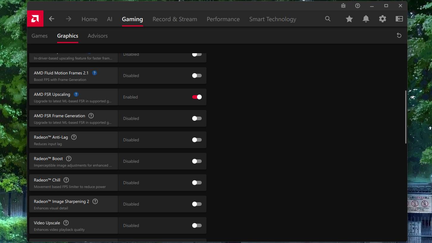 AMD Adrenalin software showing graphics options including FSR toggles.