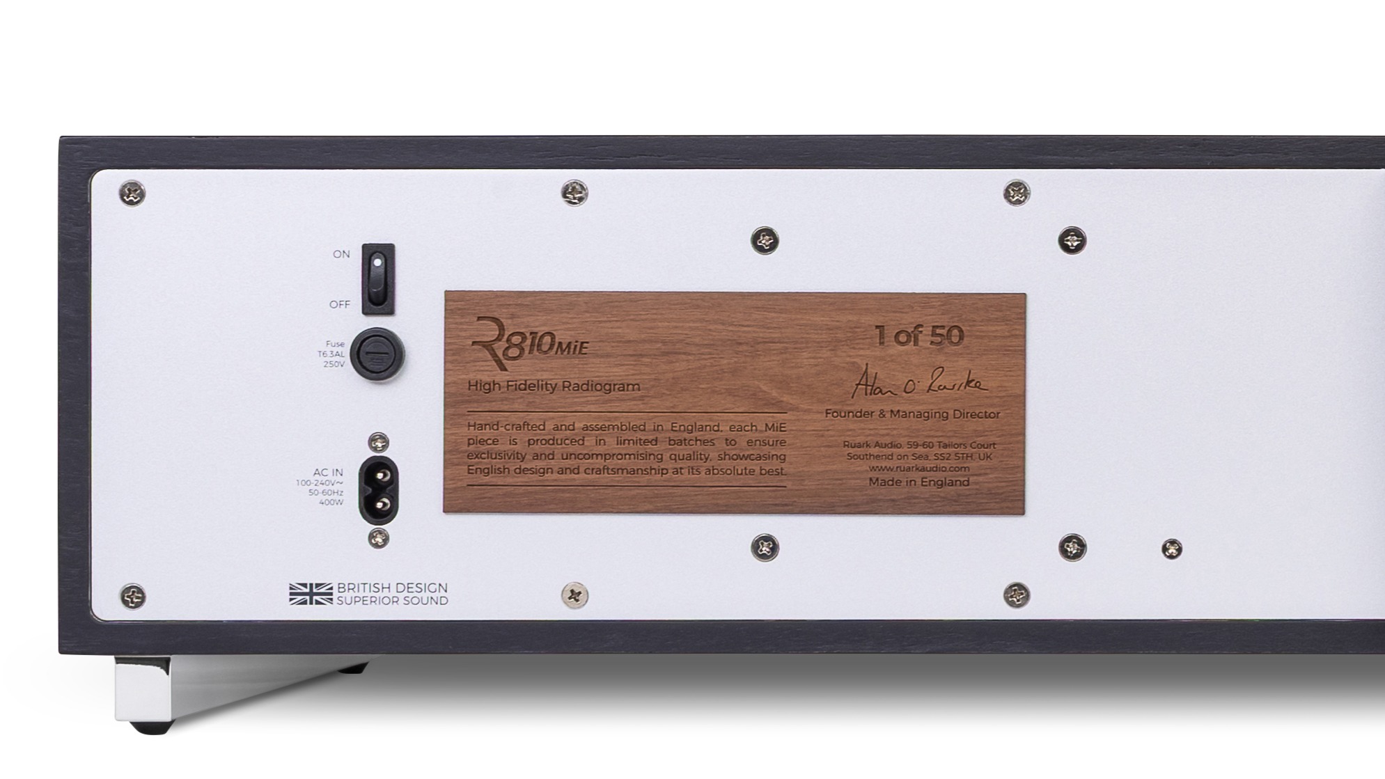 Ruark R810 MiE back panel certification of authenticity shot