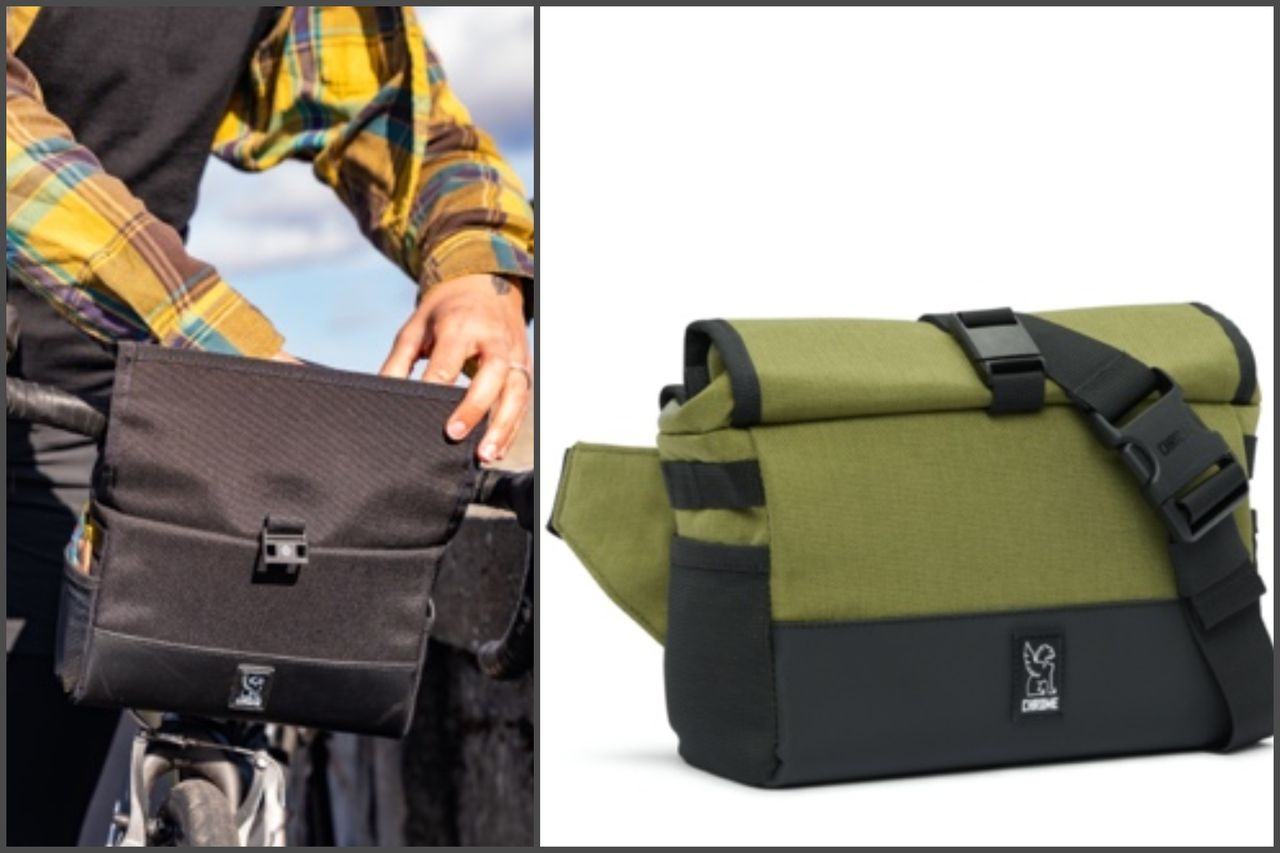 Chrome Industries Doubletrack Bar bag mounted on a bike