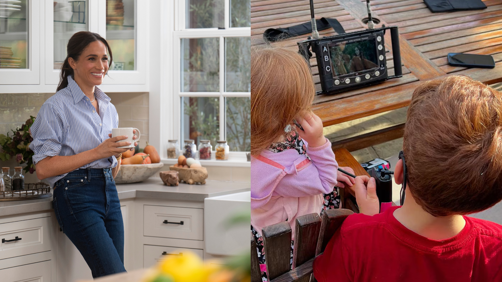 Meghan Markle wearing a striped shirt standing in a kitchen; Prince Archie and Princess Lilibet wearing headphones looking at a screen