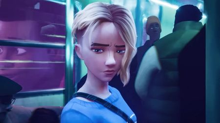 Gwen Stacy, Spider-Gwen, out of costume, short cropped blonde hair and an eye ring, in Spider-Man: Across the Spider-Verse.
