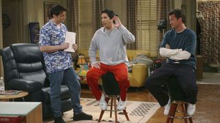 Joey Tribbiani (Matt Le Blanc), Ross Geller (David Schwimmer) and Chandler Bing (Matthew Perry) play the game Bamboozle