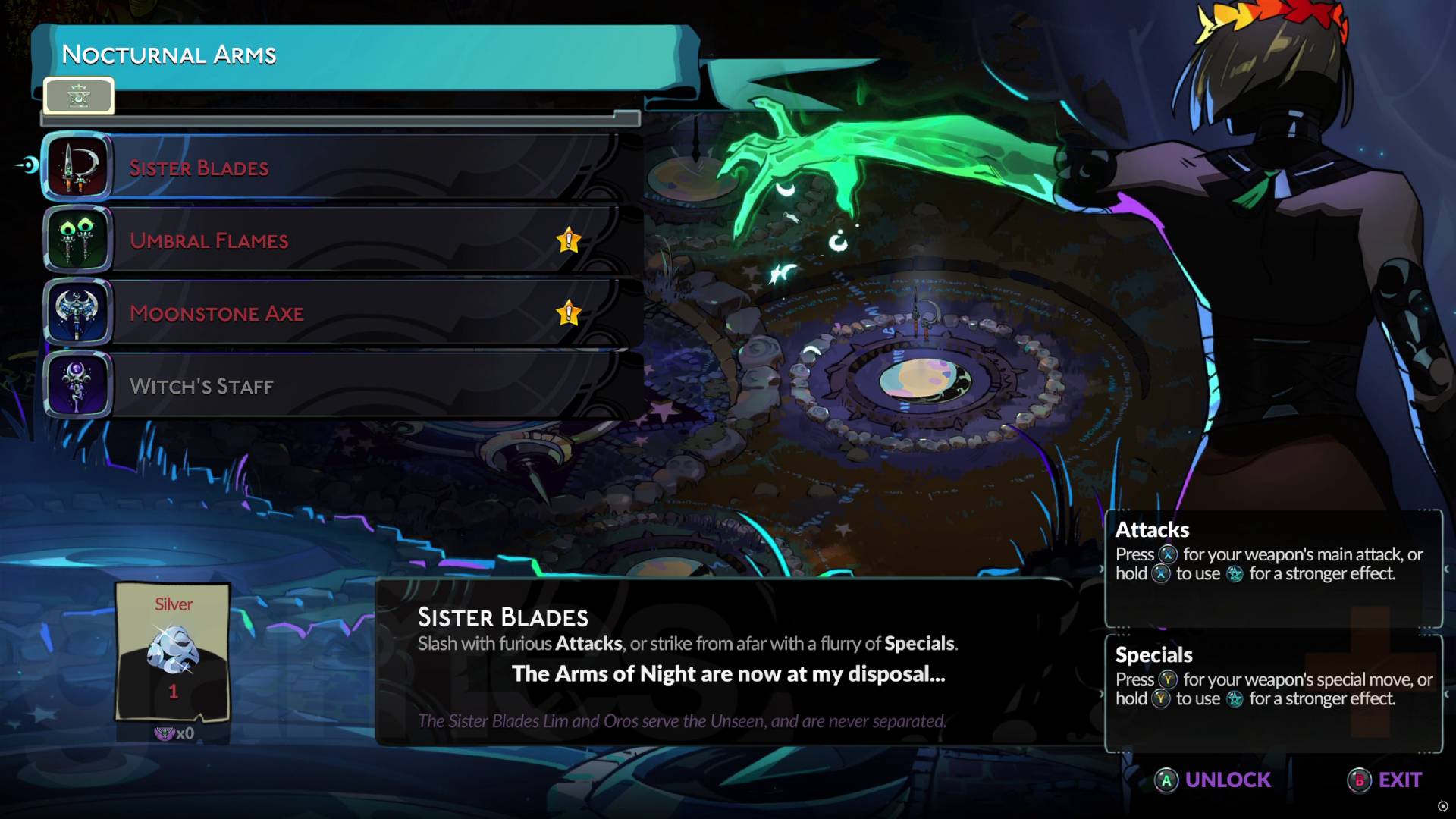 Hades 2 Weapons sister blades, umbral flames, and moonstone axe in silver pool