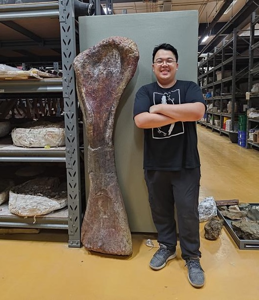 A man stands next to a dinosaur femur that's taller than he is. The man is in a storage facility for fossils.