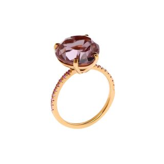jewellery gifts - gold ring with purple heart-shaped stone and pink crystals on the band