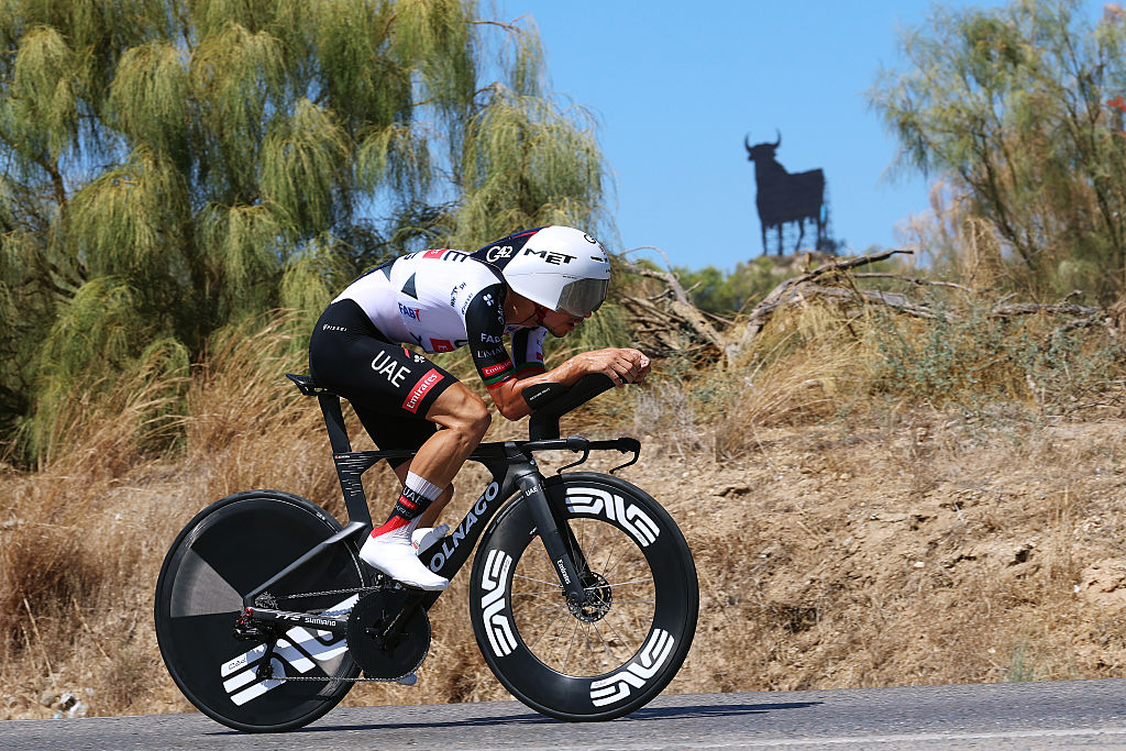 JEREZ DE LA FRONTERA, SPAIN - SEPTEMBER 10: Joao Almeida of Portugal and UAE Team Emirates XRG competes during the La Vuelta - 81st Tour of Spain 2026, Stage 18 a 32.1km individual time trial stage from El Puerto de Santa Maria to Jerez de la Frontera / #UCIWT / on September 10, 2026 in Jerez de la Frontera, Spain. (Photo by Alexander Hassenstein/Getty Images)