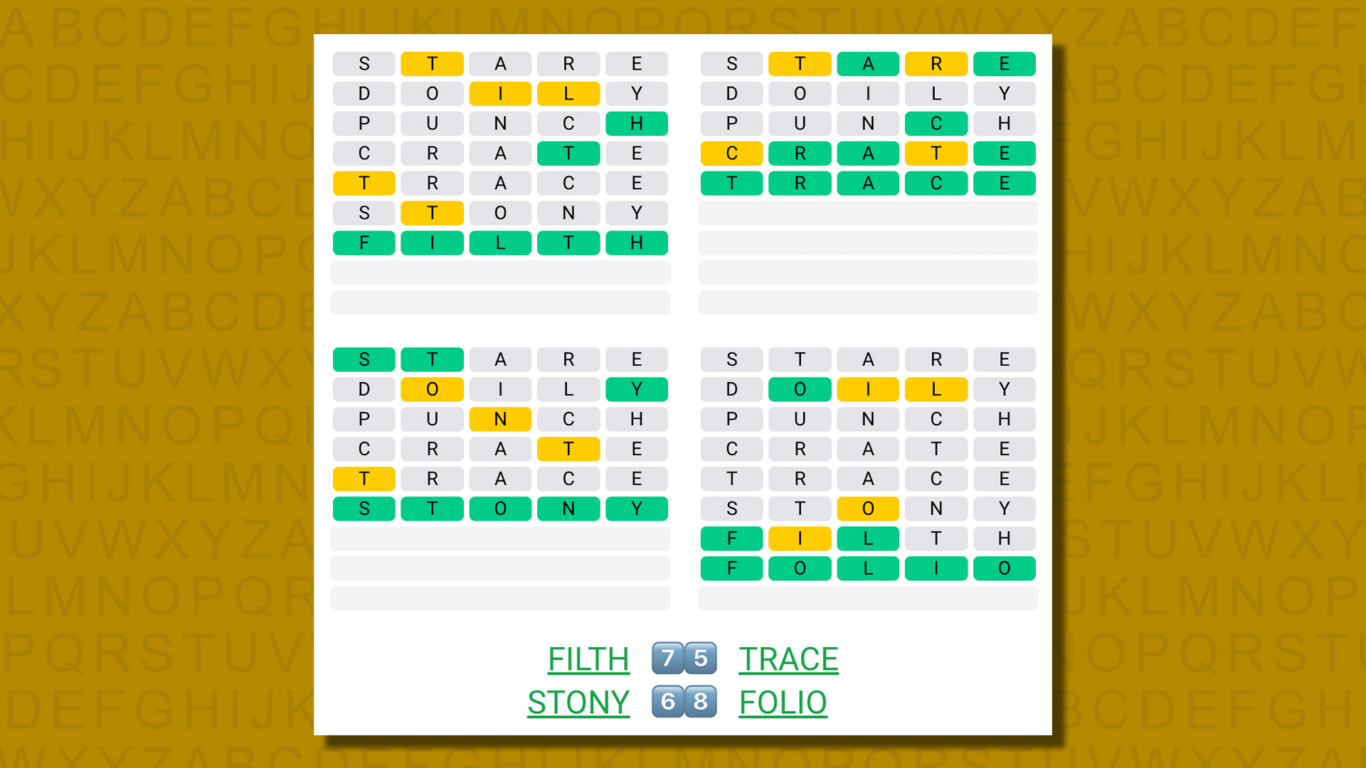 Quordle answers for game 574 on a yellow background