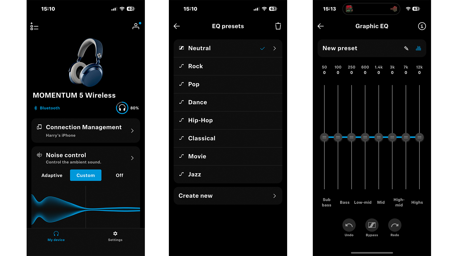 Sennheiser Momentum 5 Wireless wireless headphones app on three smartphone screens