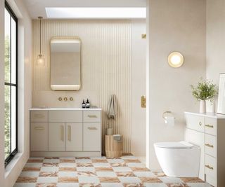 neutral bathroom with chequerboard flooring, storage units with built-in basin and WC