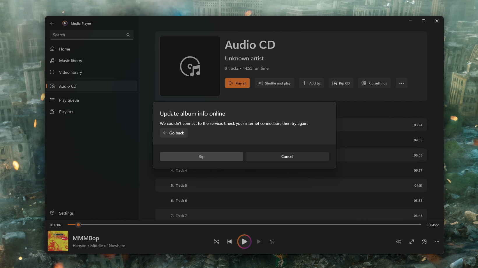 A screenshot of the Windows 11 Media Player app showing an error trying to get CD metadata from online sources.