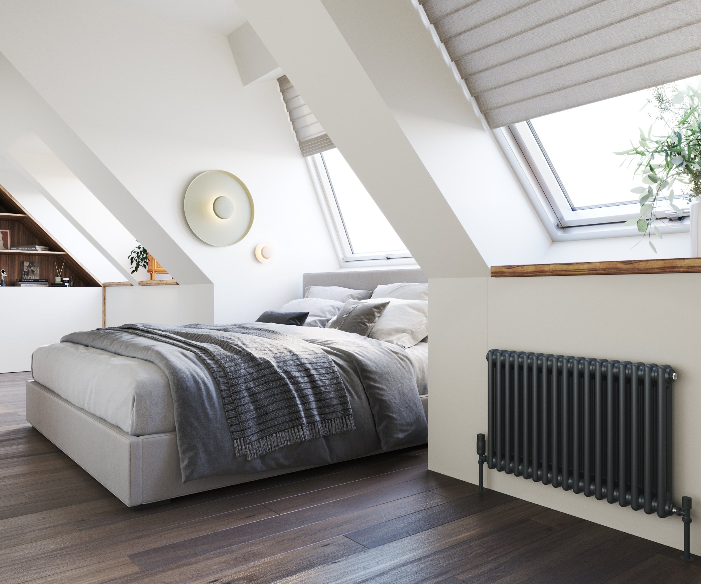 dark grey radiator on wall in loft conversion bedroom with rooflight windows, double bed, wooden floor and white walls