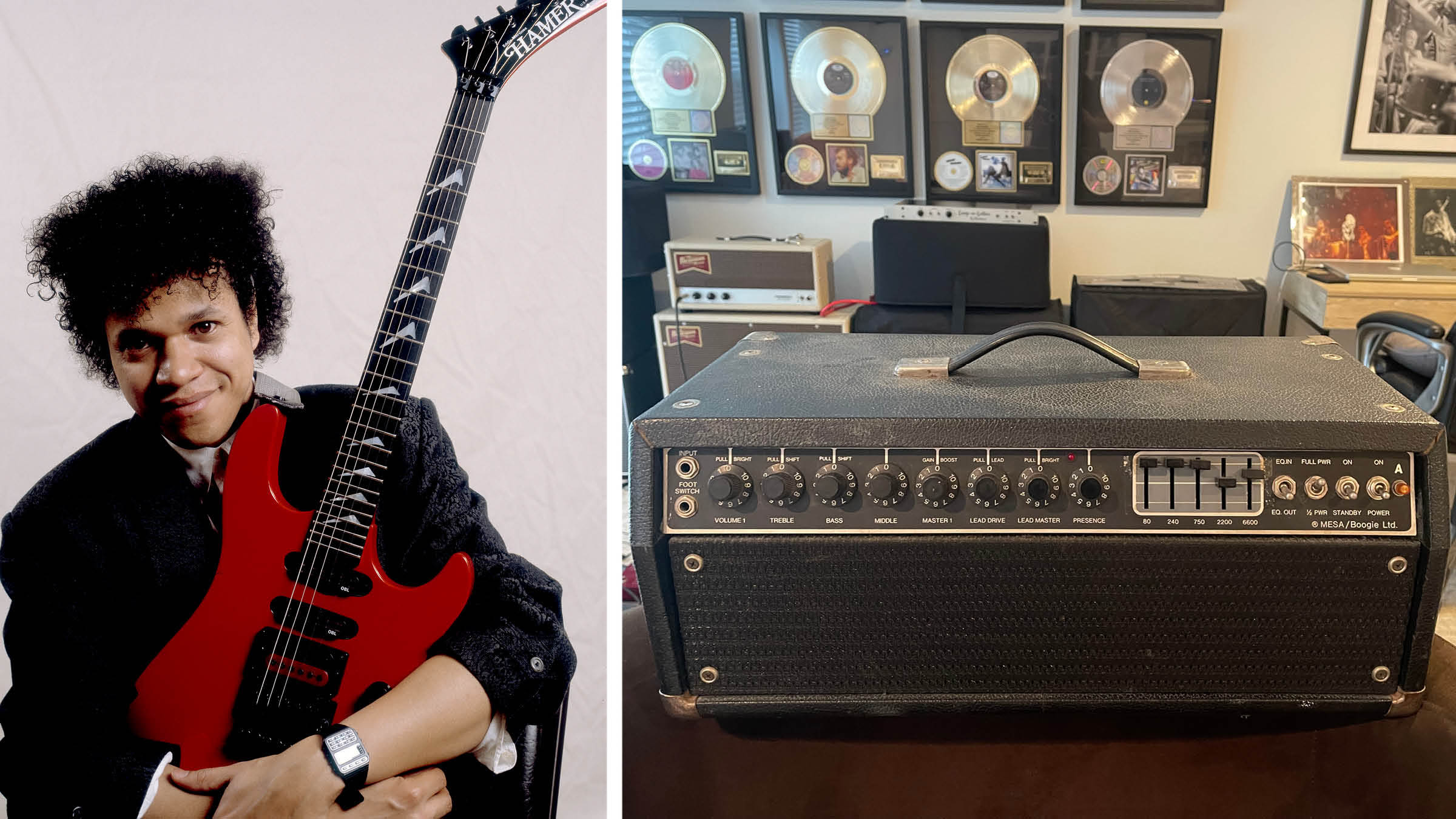 Eddie Martinez with his red Hamer S-style &ndash; and the Mesa Boogie Coliseum he bought that was previously owned by Prince
