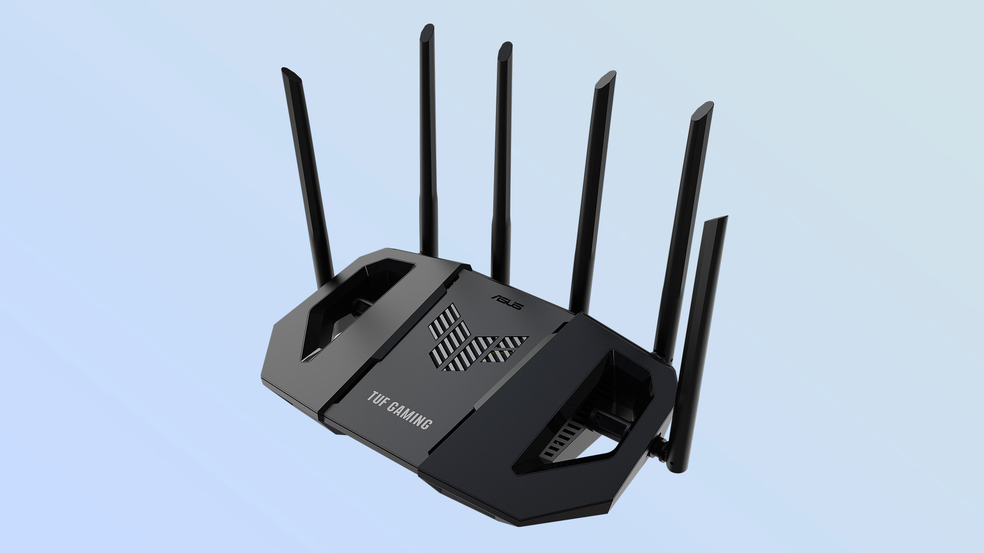 An iso product image of the Asus TUF Gaming BE6500 router.