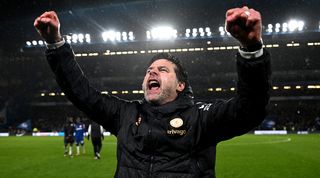 Chelsea manager Mauricio Pochettino celebrates victory over Manchester United in April 2024.