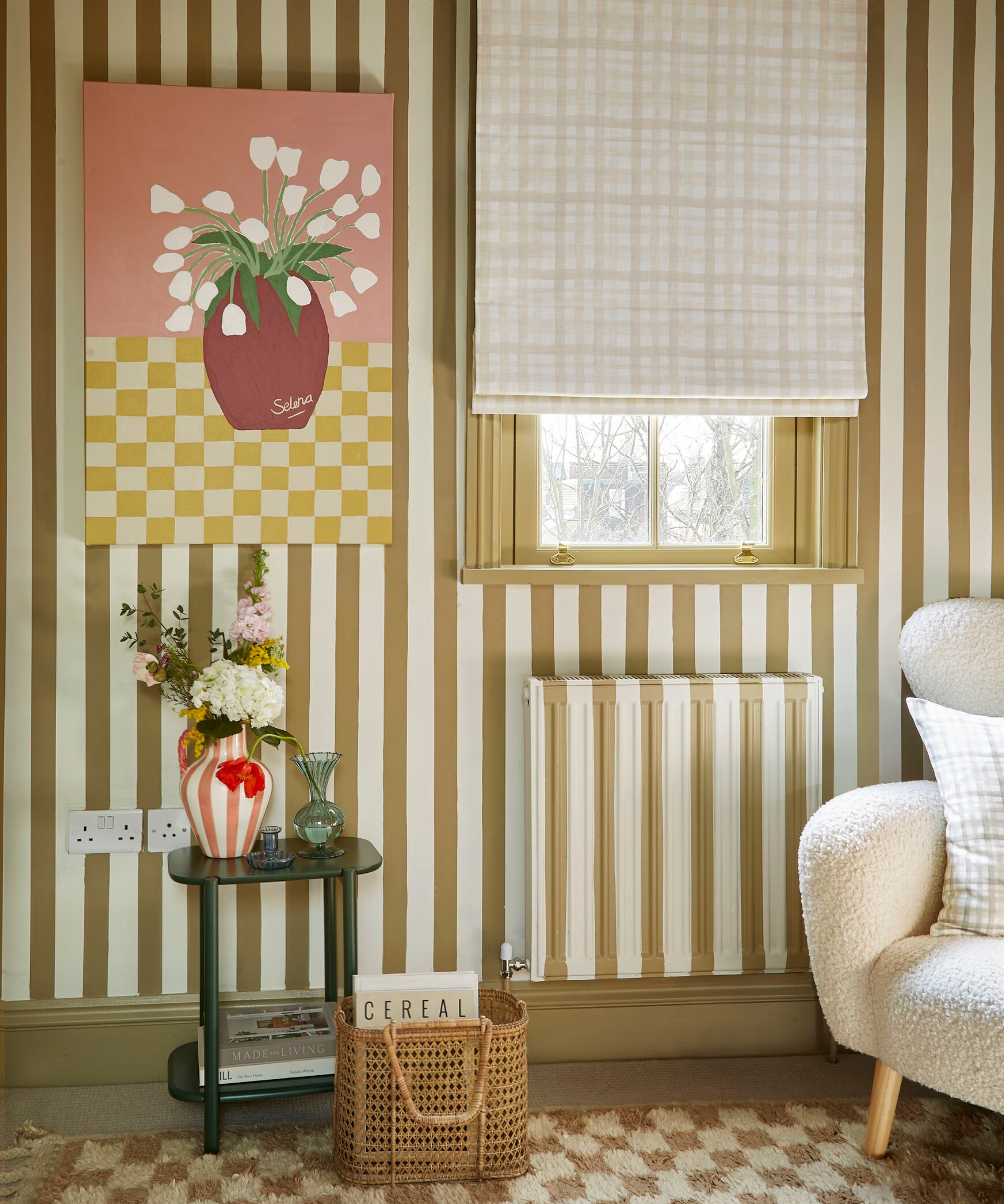 room with stripe wall and radiator and chequerboard rug