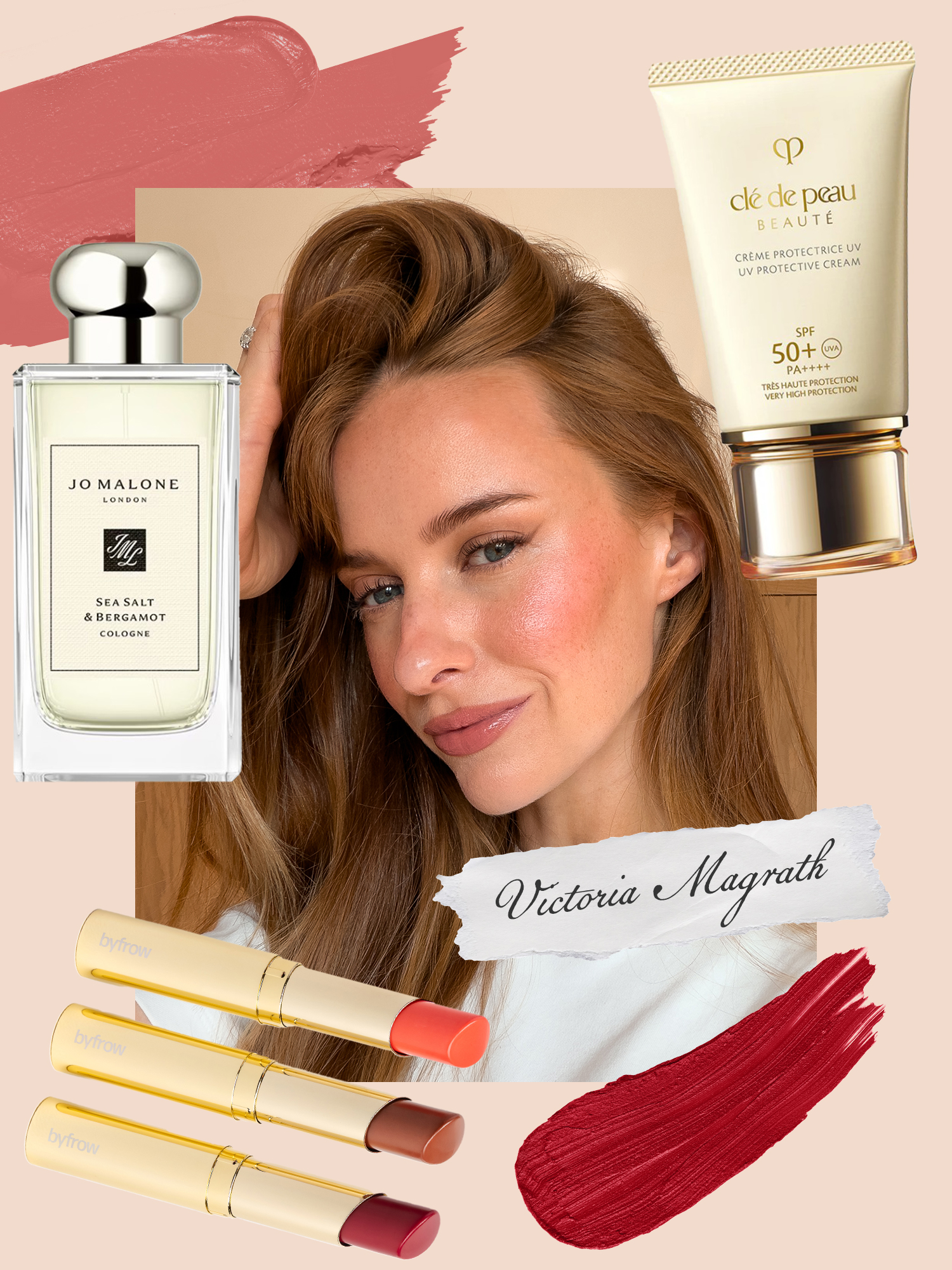 A collage of Victoria Magrath and products from Byfrow, Jo Malone London and Cle de Peau