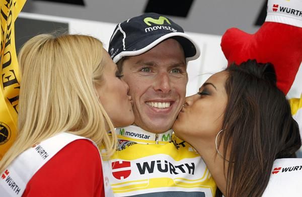 Tour de Suisse leader Rui Costa (Movistar) on the podium.