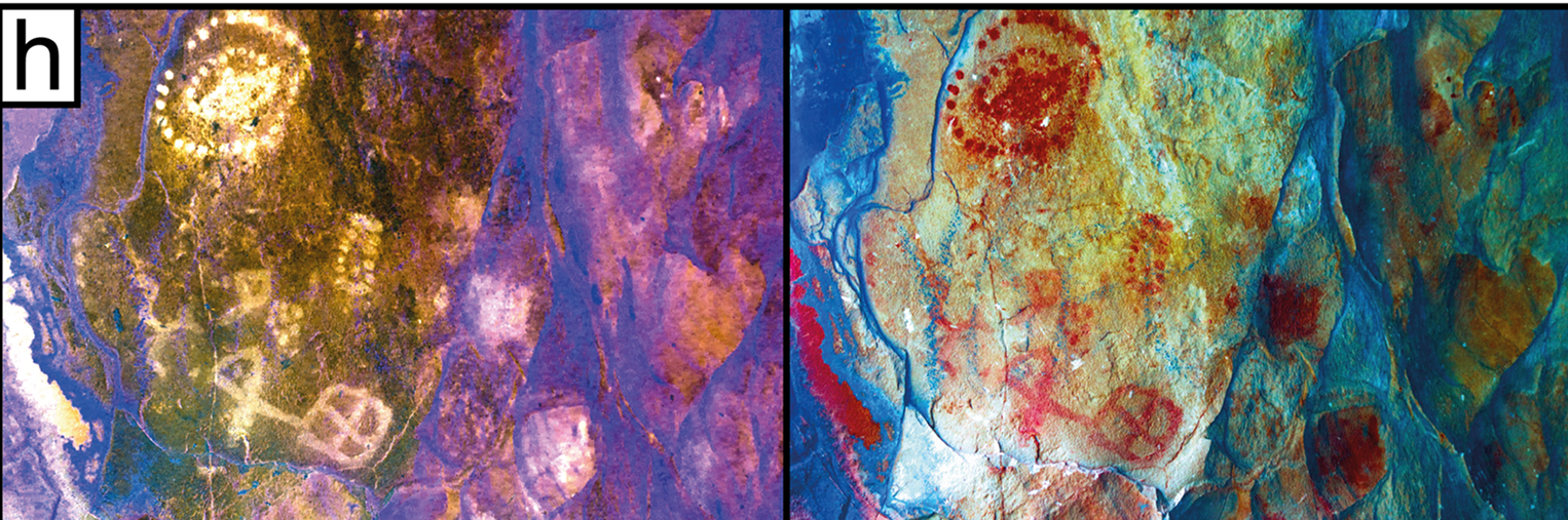 Two images of the same rock art scene, one with white circles, squares and other figures. Next to it is the same image, but digitally enhanced in red.