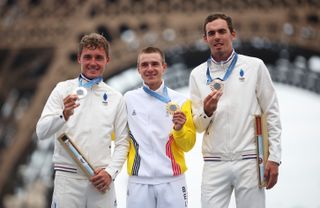 Remco Evenepoel, Valentin Madouas and Chrisophe Laporte on the podium after the Paris 2024 Olympic road race.