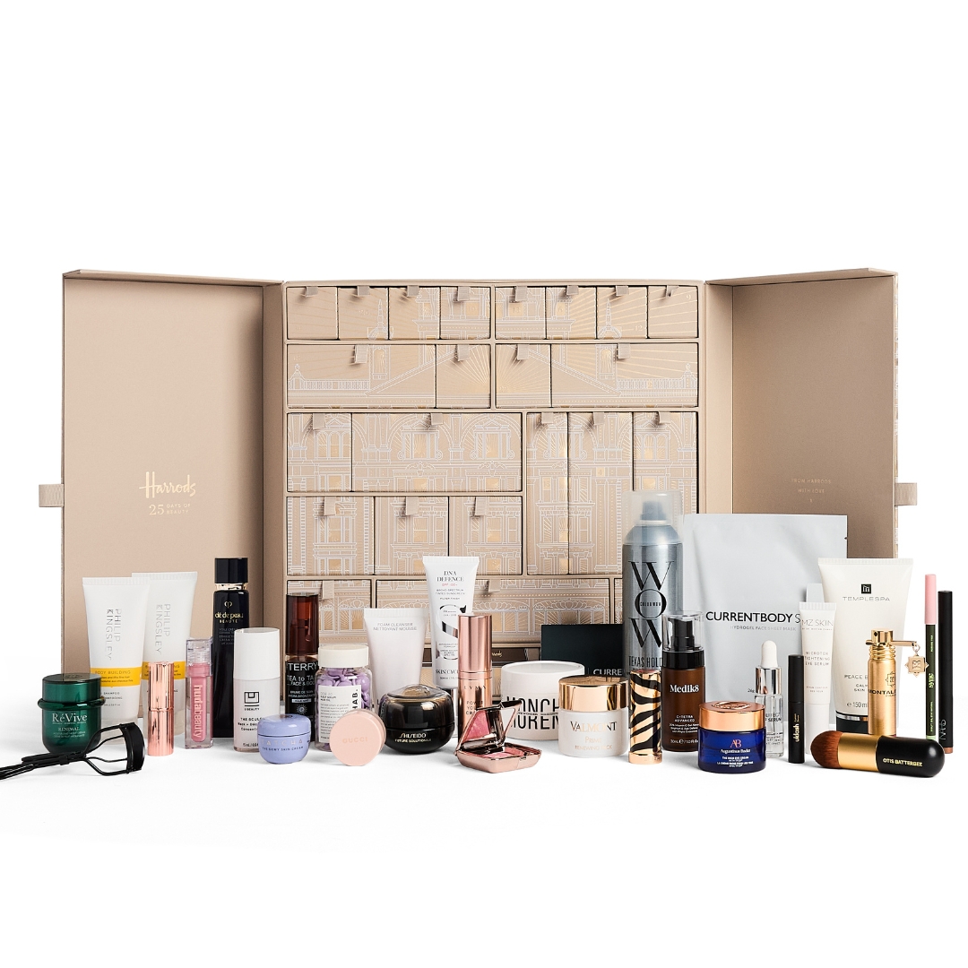 Harrods Beauty Advent Calendar 2026 with its contents in front of it