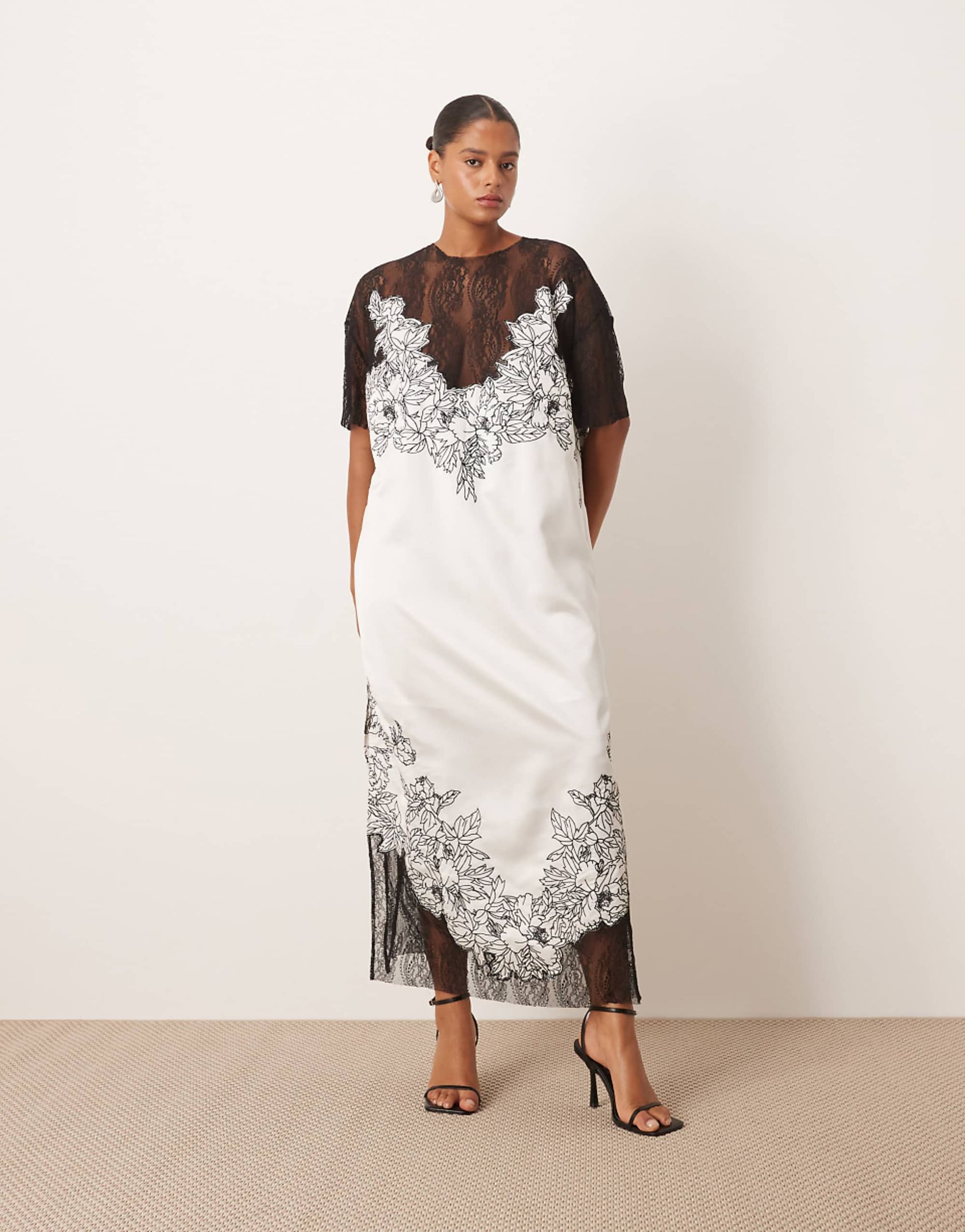 Arrange Curve Satin Lace Applique Embroidered Column Midi Dress in Ivory