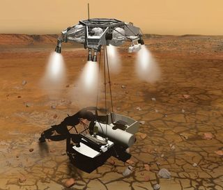 A proposed Martian sample return mission is shown in an artist's conception. A new paper says that the entry, descent and landing system should be located several kilometers away from the surface mission to avoid the possibility of interfering with operations.