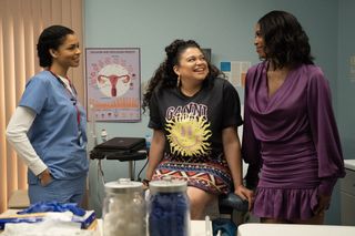 Amber Anderson as Dr. Britta, Michelle Buteau as Mavis and Tasha Smith Marley in Survival of the Thickest
