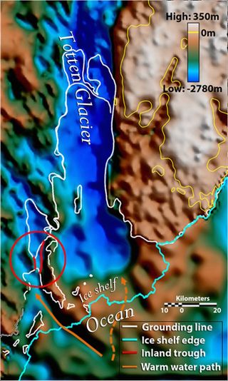 A map showing the two gateways (orange arrows) that allow warm water underneath the ice shelf of East Antarctica's Totten Glacier. The solid arrow shows the deeper of the two gateways.