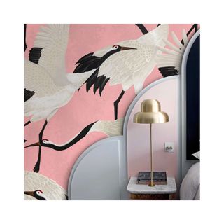 Pink Heron Print Wallpaper, Asian Birds Wall Art, Popular Design Wall Decor, Vintage Crane Removable Wallpapering