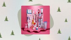 Image of the Boots 24 Days of Skin Skincare Advent Calendar on a pastel watercolour background with Christmas trees with green circle detail