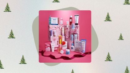 Image of the Boots 24 Days of Skin Skincare Advent Calendar on a pastel watercolour background with Christmas trees with green circle detail