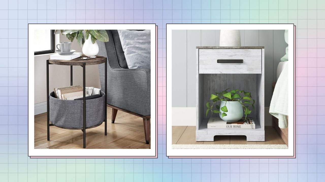 a collage image featuring two of the best nightstands under $100 in boxes