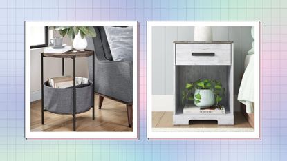 a collage image featuring two of the best nightstands under $100 in boxes