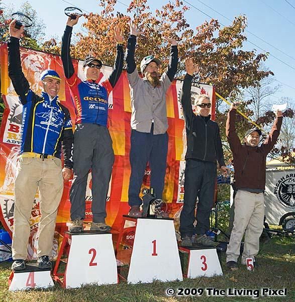 Elite men 40+ podium including 1st - Bill Lanzilotta (Terrapin Brewing), 2nd - Morgan Olsson (GVC/Cycles De Oro), 3rd - Bill Koerber, 4th - Timothy Hopkin (NCCX/Hammer Nutrition), 5th - Bradley Cobb (Motor Mile Racing),