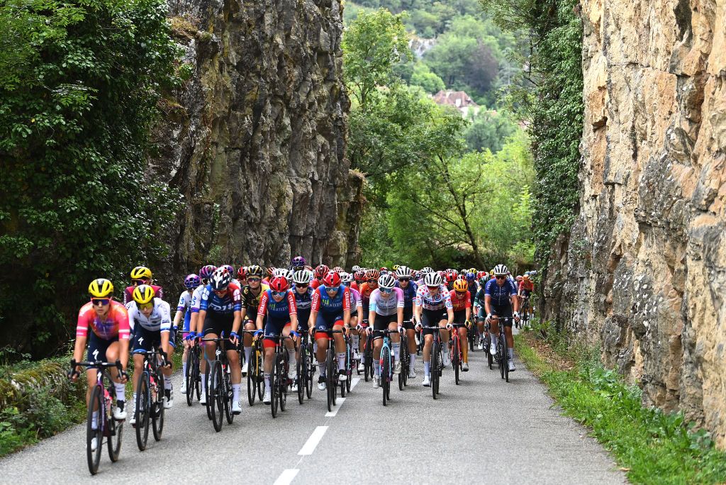 RODEZ FRANCE JULY 26 Georgie Howe of Australia and Team Jayco AlUla Elena Cecchini of Italy Lorena Wiebes of The Netherlands and Team SD Worx Protime Marta Lach of Poland and Team CERATIZITWNT Pro Cycling and Eri Yonamine of Japan and Team Human Powered Health lead the peloton during the 2nd Tour de France Femmes 2023 Stage 4 a 1771km stage from Cahors to Rodez 572m UCIWWT on July 26 2023 in Rodez France Photo by Tim de WaeleGetty Images