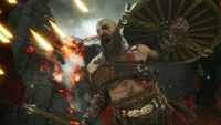 Kratos roars as he leaps into combat in God of War Ragnarok