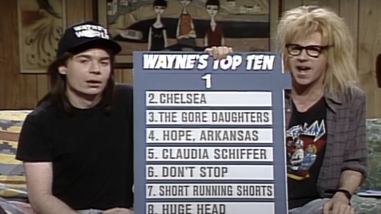 Mike Myers as Wayne and Dana Carvey as Garth listing off a Top 10 on Saturday Night Live