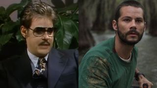 From left to right: Dan Aykroyd wearing sunglasses on SNL in 1976, and Dylan O&#039;Brien lookinng a bit stressed in Caddo Lake.