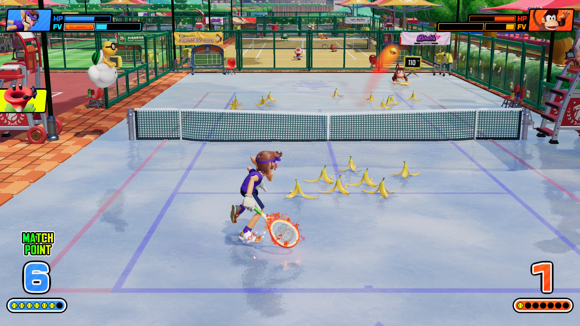 Waluigi returns the ball on an icy court in Mario Tennis Fever, which is covered in banana peels