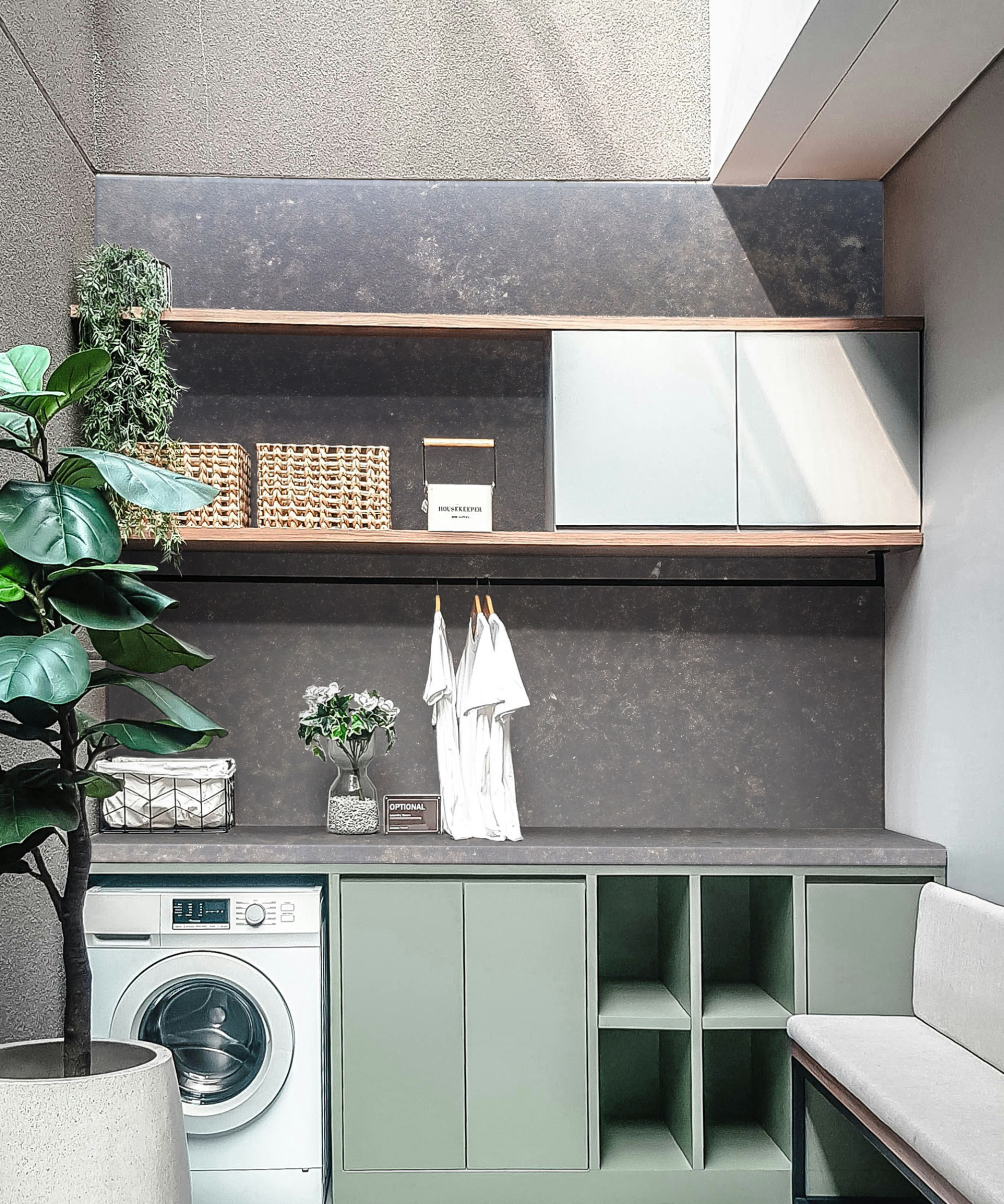 utility room with green cabinets, dark grey stone worktop and wall panelling, wooden shelving, rooflight, padded seat bench, washing machine and large green plant