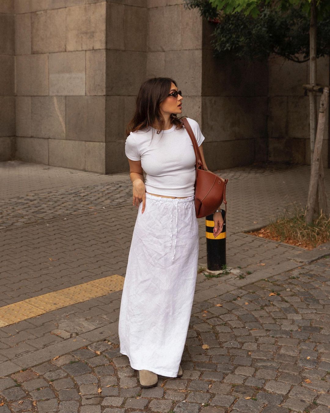 Borislava Sekova styles a linen maxi skirt with a T-shirt