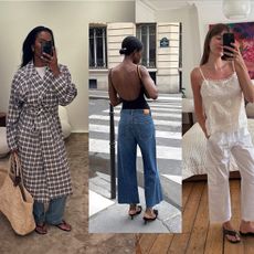 On the left a woman wearing a plaid trench coat, straw bag, and jeans. In the middle, a woman wearing a backless black top and jeans. On the right, a woman wearing a white lace top, white tie-waist trousers, and black strappy sandals. 