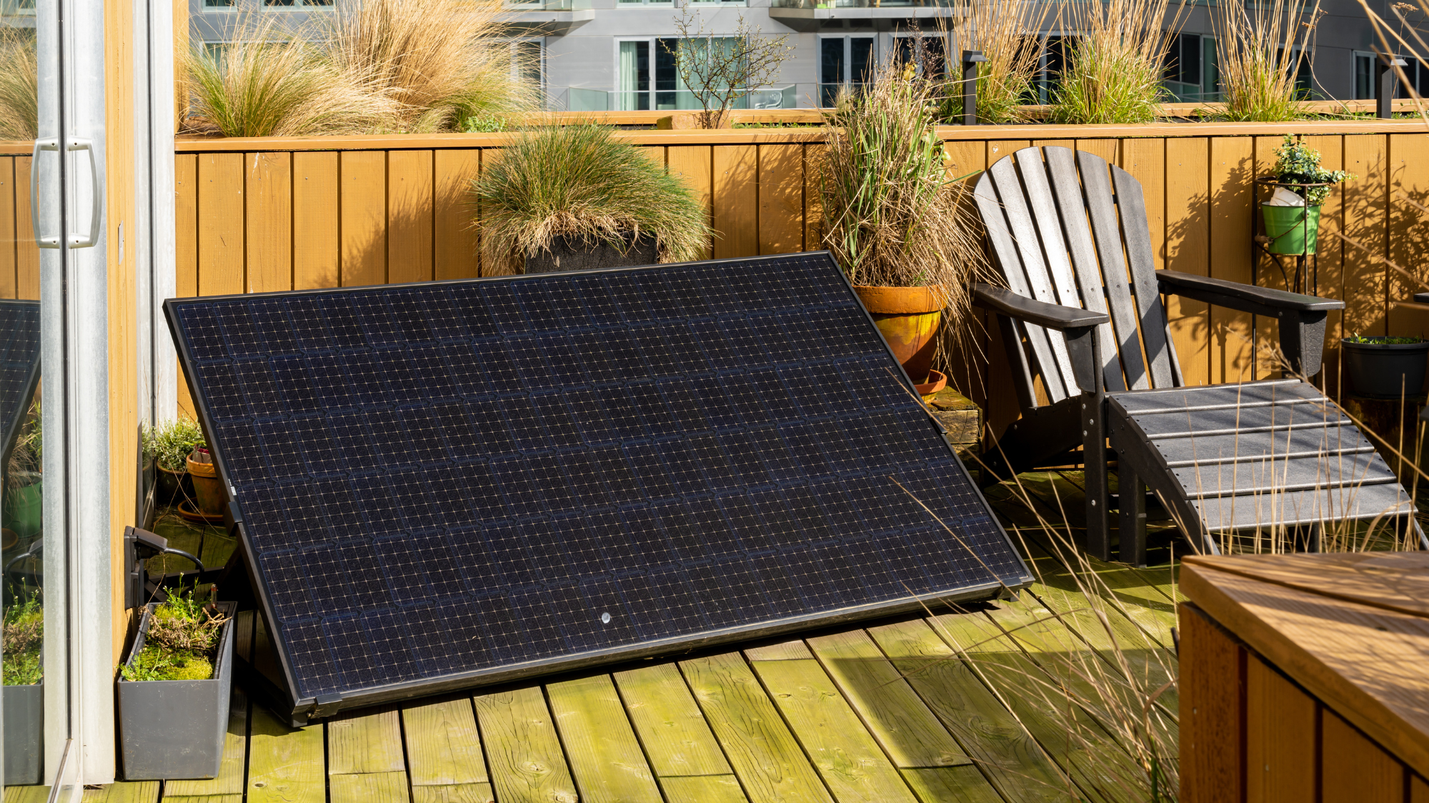 plug in solar on a wooden balcony