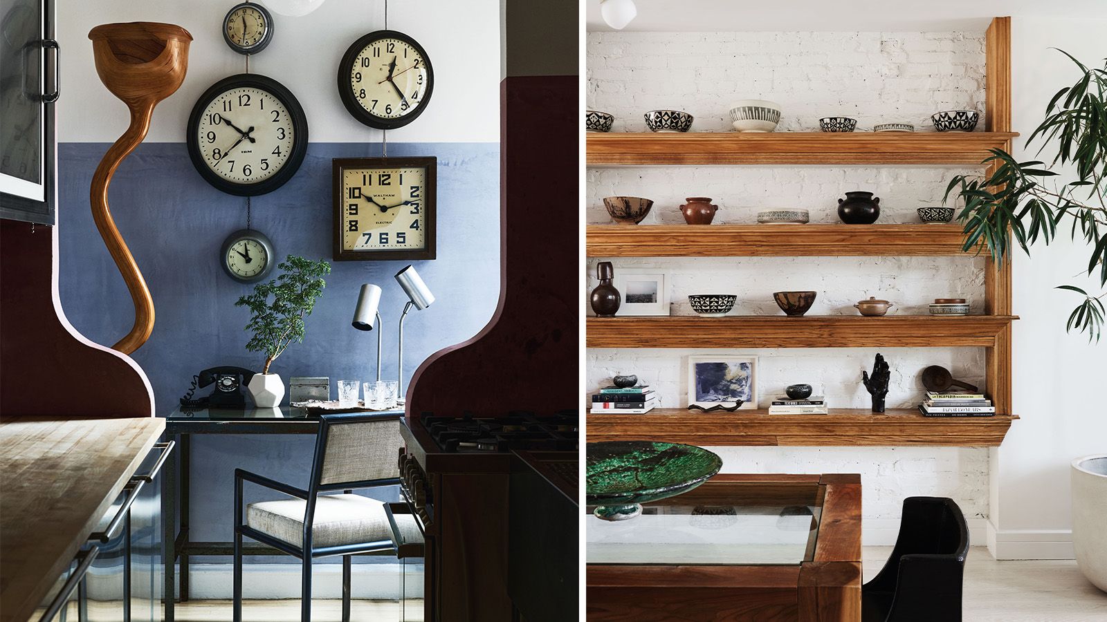 clocks on wall and objects on shelves