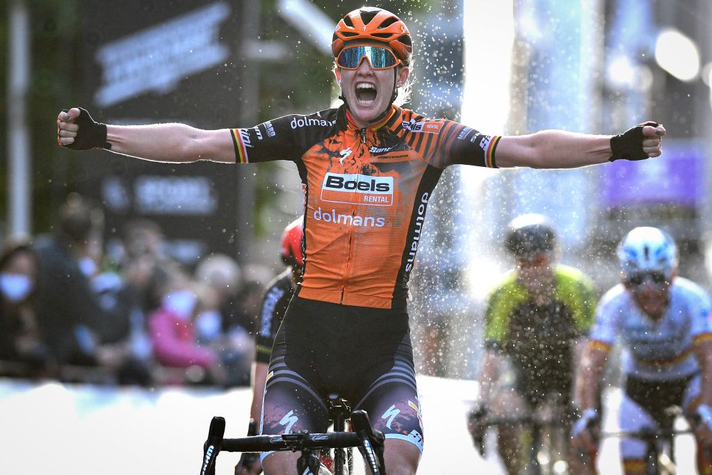 Belgian Jolien DHoore celebrates as she crosses the finish line to win the women elite race of the GentWevelgem In Flanders Fields one day cycling race 1411 km Sunday 11 October 2020 in Wevelgem BELGA PHOTO DAVID STOCKMAN Photo by DAVID STOCKMANBELGA MAGAFP via Getty Images