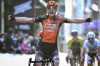 Belgian Jolien DHoore celebrates as she crosses the finish line to win the women elite race of the GentWevelgem In Flanders Fields one day cycling race 1411 km Sunday 11 October 2020 in Wevelgem BELGA PHOTO DAVID STOCKMAN Photo by DAVID STOCKMANBELGA MAGAFP via Getty Images