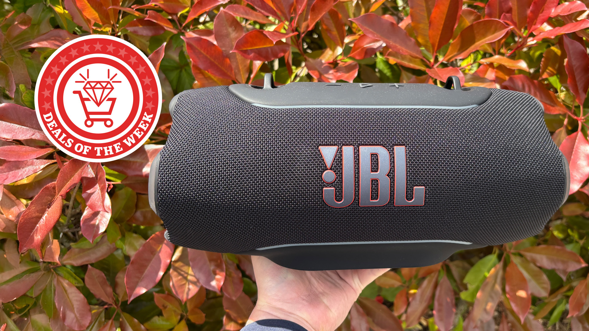 An image of the JBL Xtreme 5 Bluetooth speaker, with the deals of the week logo overlaid