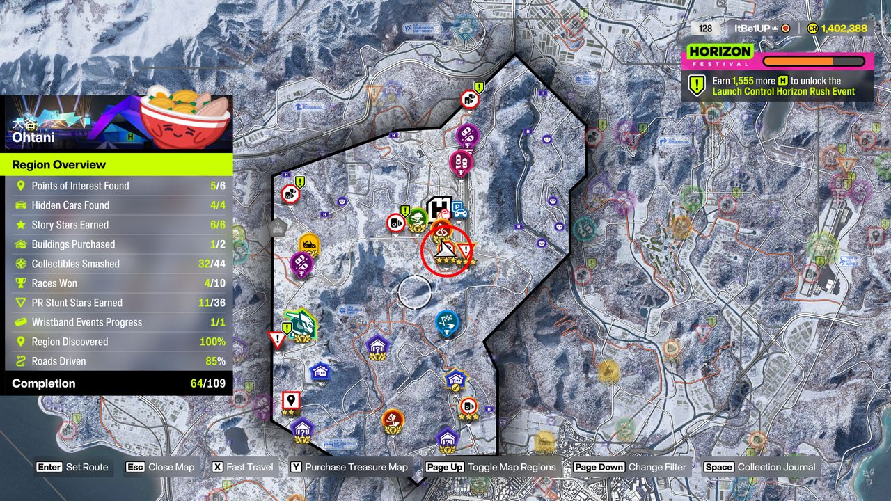 Forza Horizon 6 Festival Loop: The Festival Loop speed zone in Ohtani viewed on the map.