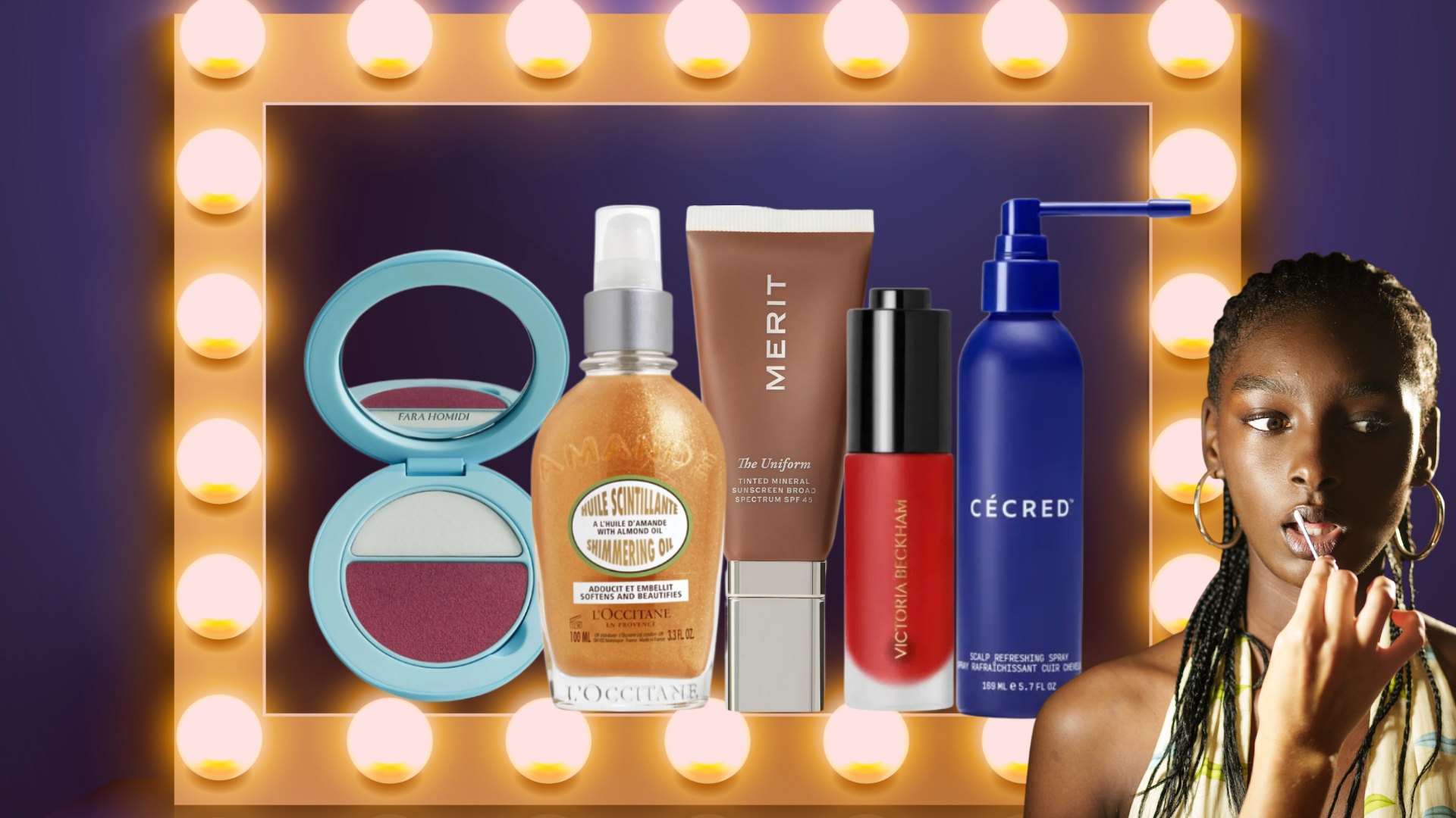 five beauty products surrounded by a lit up makeup mirror and a model getting lipstick applied