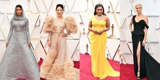 Four female celebrities on the red carpet at the Oscars.